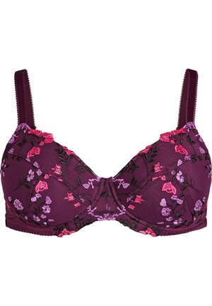 Soutien-gorge violet foncé avec broderie florale en rose, lavande et noir. Doté de bretelles réglables et d'un design à couture centrale.