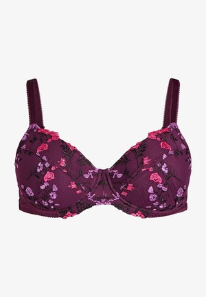 Ciemnopurpurowy stanik z kwiatowym haftem w różowym, lawendowym i czarnym kolorze. Posiada regulowane ramiączka i środkowy szew.