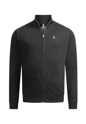 Schwarze Zip-Jacke mit geripptem Kragen, Bündchen und Saum, mit kleinem roten gesticktem Logo auf der linken Brust.