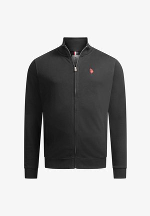 Black zip-up jacket with ribbed collar, cuffs, and hem, featuring a small red embroidered logo on the left chest.