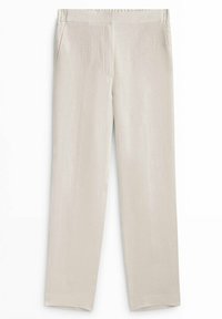 Ljust beige byxor med en slät textur, som har sidofickor, rak ben-design och en ren, enkel midja.