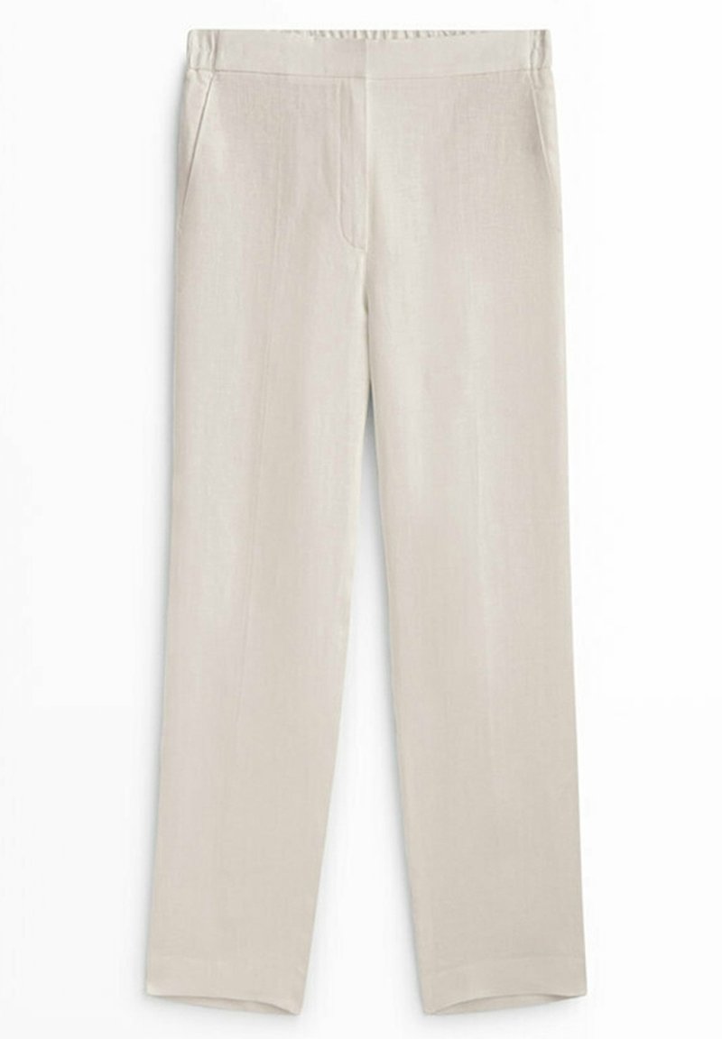 Ljust beige byxor med en slät textur, som har sidofickor, rak ben-design och en ren, enkel midja.
