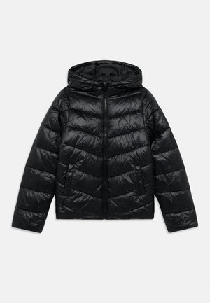 Black puffer jacket with a hood, zip closure, chevron quilted pattern, and two front pockets. Smooth, shiny nylon material.