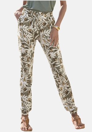 Lightweight, patterned joggers in olive green and white with a drawstring waist, elastic cuffs, and side pockets. Smooth fabric texture.