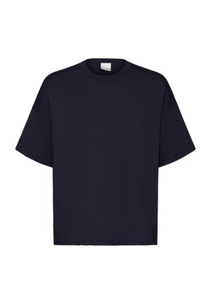 Tricou supradimensionat albastru închis, confecționat dintr-un material moale, cu decolteu rotund și mâneci scurte, cu croială lejeră. Design minimalist, fără modele.