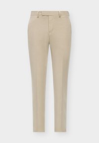Pantaloni beige su misura con vestibilità slim, caratterizzati da una parte frontale piatta, tasche laterali discrete e un tessuto liscio e testurizzato.