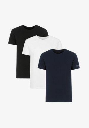 Trzy koszulki z krótkim rękawem w kolorze czarnym, białym i granatowym. Wszystkie wykonane są z miękkiej bawełny, mają standardowy okrągły dekolt oraz luźny krój.