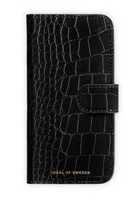 Svart lommeboketui med krokodillemønster, med klaffelukking og preget merke. Glatt utside og strukturert design.