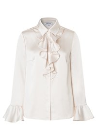 Silk blouse in pale pink with a ruffled front, button closure, and flared cuffs. Smooth texture and classic collar design.