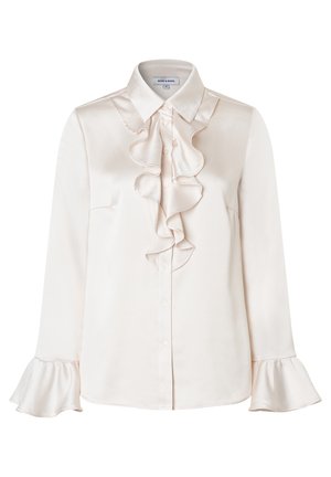 Seidenbluse in zartem Rosa mit gerafftem Frontbereich, Knopfverschluss und ausgestellt geschnittenen Ärmeln. Glatte Textur und klassisches Kragen-Design.