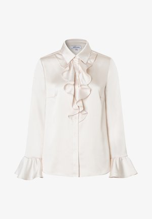 Seidenbluse in zartem Rosa mit gerafftem Frontbereich, Knopfverschluss und ausgestellt geschnittenen Ärmeln. Glatte Textur und klassisches Kragen-Design.