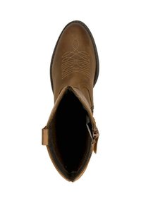 Brauner Leder-Stiefelette mit rundlicher Spitze, seitlichem Reißverschluss und dekorativem Stickmuster am Schaft. Strukturierte Oberfläche und markante Silhouette.