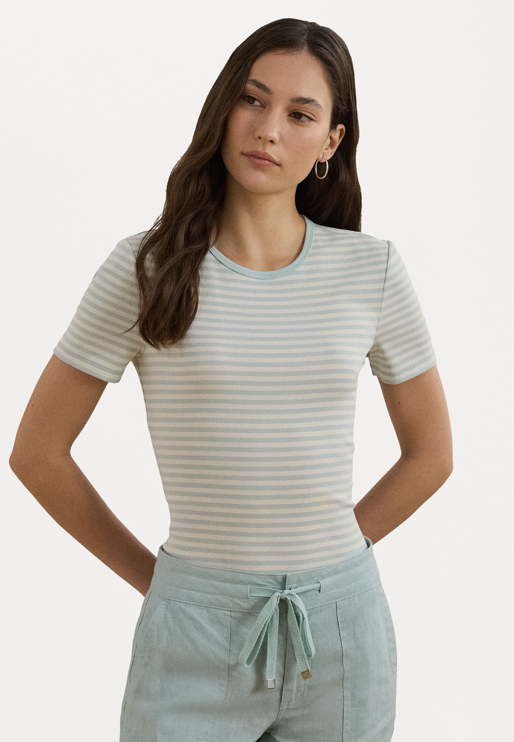 売れ筋商品|||ラルフローレン カットソー トップス レディース Petite Striped Stretch Cotton Crewneck Tee Aqua Pearl/Mascarpone Cream Women's Lauren Ralph Lauren Striped Stretch Cotton Crewneck