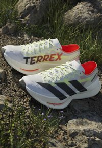 Paar weiße und neonfarbene Trail-Laufschuhe mit orangefarbenem Innenfutter, schwarzen Streifen und "TERREX"-Markenlogo, die auf felsigem Boden mit Gras ruhen.