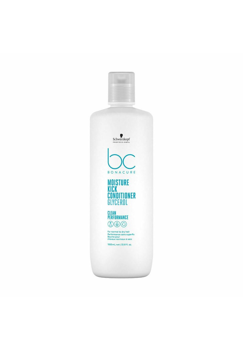 White plastic bottle with a sleek, rounded shape, featuring a flip-top lid. Text in teal highlights "Moisture Kick Conditioner" and "Glycerol."
