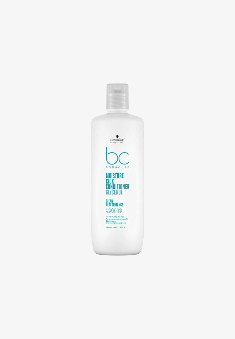White plastic bottle with a sleek, rounded shape, featuring a flip-top lid. Text in teal highlights "Moisture Kick Conditioner" and "Glycerol."