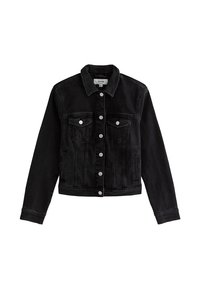 Svart denimjacka med krage, knappstängning och två bröstfickor. Har en kortad nederkant och diskreta sömnadsdetaljer.