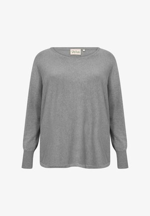 Pelēks džemperis ar garām piedurknēm, apaļu apkakli un ribota piedurkņu galiem. Izgatavots no mīksta auduma ar gludu tekstūru un brīvu piegriezumu.