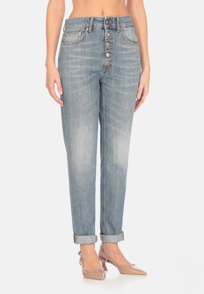 Jeans azzurri chiari a vita alta con taglio dritto, frontale a cinque bottoni e orli arrotolati, realizzati in denim con finitura scolorita.