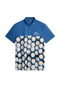 Blå polo t-shirt med ett hexagonmönster i svart och blått på den nedre halvan, med krage och logotyp på bröstet.