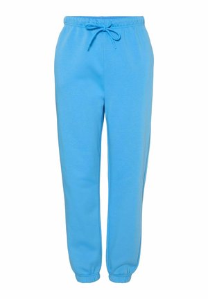 Pantaloni della tuta azzurro chiaro realizzati in tessuto morbido, dotati di una vita elastica con cordoncino e polsini svasati alle caviglie.
