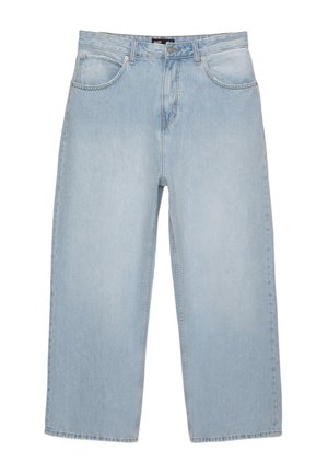 Jeans a gamba larga in denim azzurro chiaro con vita alta, dotati di cinque tasche, cuciture in vista e taglio dritto verso l'orlo.