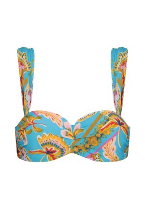 Top bikini con motivo floreale in blu, adornato con dettagli in rosa e oro, con spalline larghe e design con ferretto preformato.
