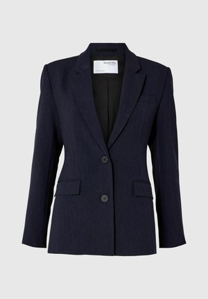 Navy blue blazer made of textured fabric, featuring a single-breasted design, two front buttons, and two side pockets.
