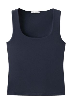 Ærmeløs navyblå tanktop med rund halsudskæring og en lille tøjmærke inde i kraven bagpå.