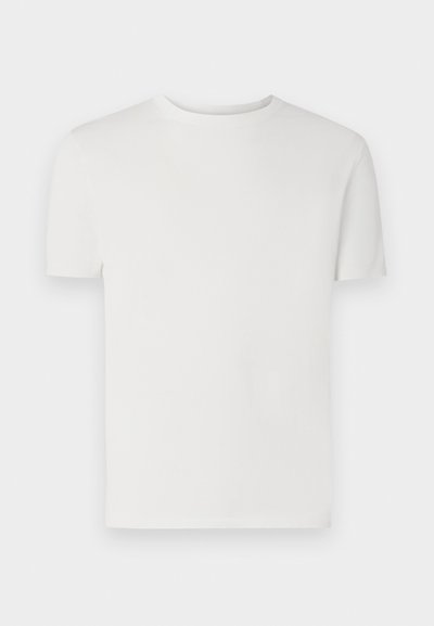 T-shirt blanc à manches courtes en coton doux, avec un col rond et une texture lisse, sans motifs ni embellissements.