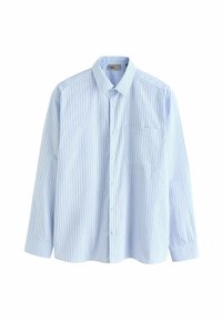 Cămașă albastră deschis, cu mâneci lungi, dungi verticale subțiri, guler ascuțit și un buzunar pe pieptul stâng. Fabricată din material țesut.