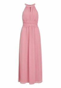 Robe maxi rose avec un décolleté à encolure américaine, un corsage plissé et un détail en crochet à la taille. Tissu fluide et léger avec une texture douce.