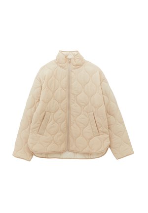Veste matelassée beige avec col montant, fermeture éclair frontale, manches longues et deux poches latérales, présentée sur un fond blanc.