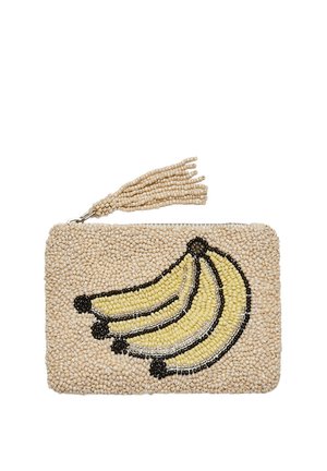 Perlengroße beige Clutch mit Quasten-Reißverschluss, verziert mit einem Cluster gelber Bananen, die mit schwarzen Perlen umrandet sind.
