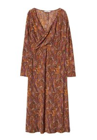 Pitkähihaiset mekko lämpimässä ruskeassa väriä, jossa on paisley-kuvioita purppurasta, valkoisesta ja oranssista. Mekossa on V-aukko ja rypytetty etuosan muotoilu.