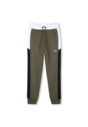 Jogging athlétique vert olive avec panneaux latéraux noirs et blancs, taille à cordon, chevilles resserrées et petit logo "BOSS" sur la cuisse droite.