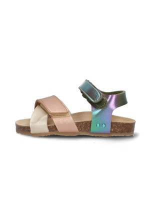 Children's sandals with pink, cream, and iridescent straps; hook-and-loop closure; cork sole; flat design; lightweight materials.