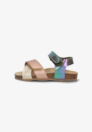 Dětské sandály s růžovými, krémovými a duhovými popruhy; zapínání na suchý zip; korková podešev; plochý design; lehké materiály.