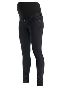 Jeans de maternité noirs avec une taille lisse et extensible. Conception ajustée avec un style classique à cinq poches et des détails de couture subtils.