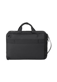 Borsa per laptop rettangolare nera con doppio manico, tasca frontale con zip e tracolla regolabile su sfondo bianco.