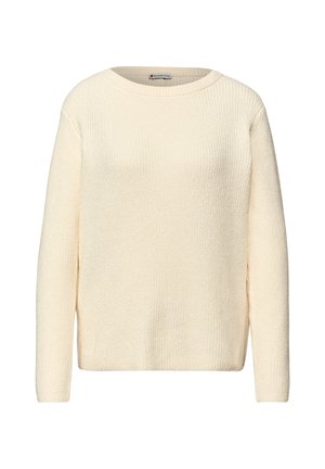 Kremowy sweter dziergany o prążkowanej fakturze, z okrągłym dekoltem i długimi rękawami. Prosty design bez wzorów i widocznych elementów metalowych.