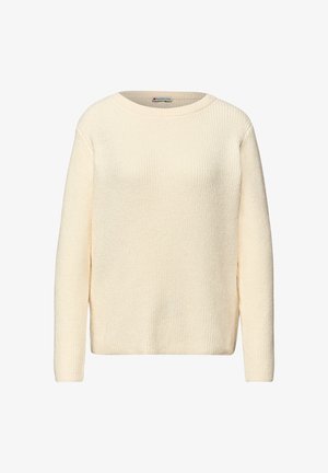 Kremowy sweter dziergany o prążkowanej fakturze, z okrągłym dekoltem i długimi rękawami. Prosty design bez wzorów i widocznych elementów metalowych.