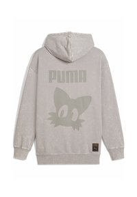 Grå bomulds-hættetrøje med et stort, dæmpet PUMA-logo og en tegneseriefigur på ryggen, med en tekstureret, falmet overflade og en kængurulomme.