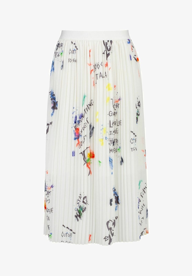 Witte geplooide rok met kleurrijke verfpespetters en handgeschreven tekstpatronen, met een elastische tailleband voor een comfortabele pasvorm.