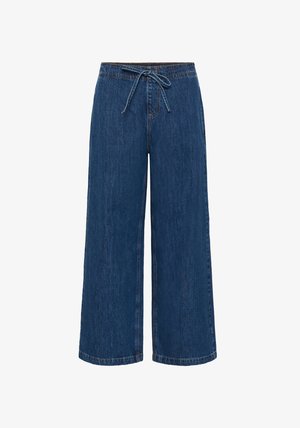 Denimbroek met wijde pijpen in donkerblauw. Zachte textuur met een tailleband met trekkoord en zichtbare stiksels. Casual, ontspannen pasvorm.