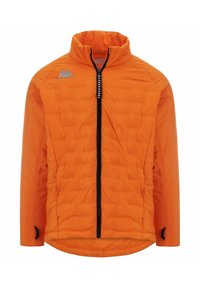 Giacca imbottita arancione con colletto alto, zip frontale e accenti neri. Presenta un logo sul lato sinistro del petto e regolazioni ai polsini.