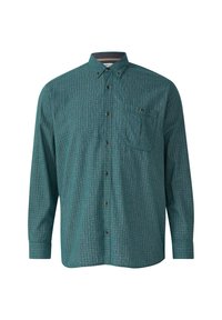 Langarm groen geruite overhemd met knoop-omkraag, borstzak en textuurstof. Voorzien van donkere knopen langs de voorkant.