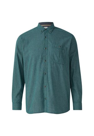 Grüne karierte Langarmshirt mit umschlagbarem Kragen, Brusttasche und strukturiertem Stoff. Verfügt über dunkle Knöpfe entlang der Vorderseite.