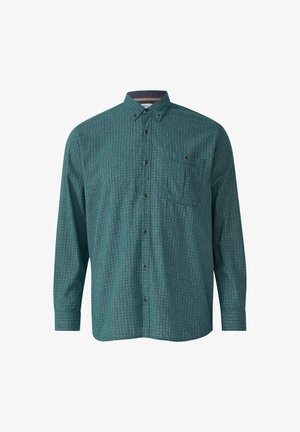 Langarm groen geruite overhemd met knoop-omkraag, borstzak en textuurstof. Voorzien van donkere knopen langs de voorkant.