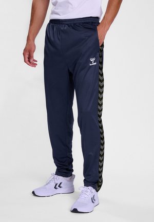 Marineblauwe sportbroek van een gladde stof met een elastische tailleband, voorzien van een gestreepte grijze patroon langs de zijkanten.